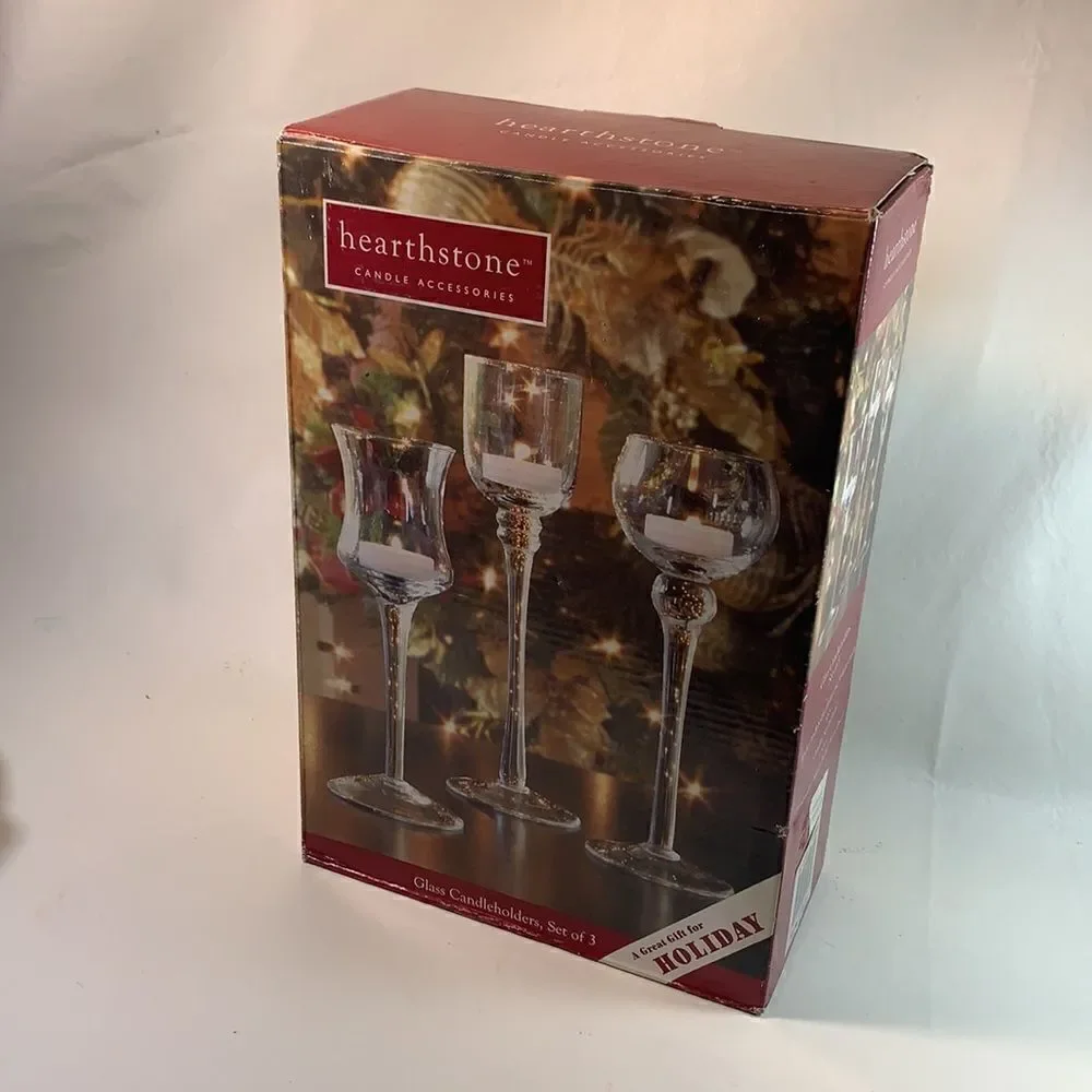 Hearthstone Set 3 Clear Glass Candle Tea Light Holders Holiday EUC In Box